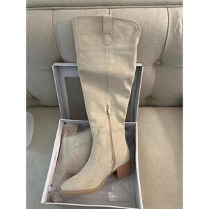 🆕Women's Beige Faux Suede Over The Knee Thigh High Chunky Heel Pointed Toe Boot